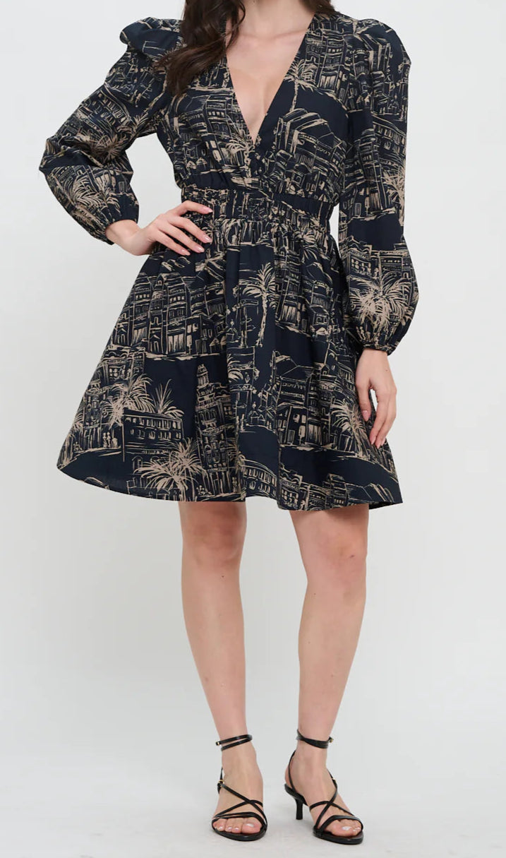 Santorini Midnight Sketch Long Sleeve Short Dress