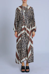 Bellamy Striped & Leopard Printed Pleats Maxi Dress