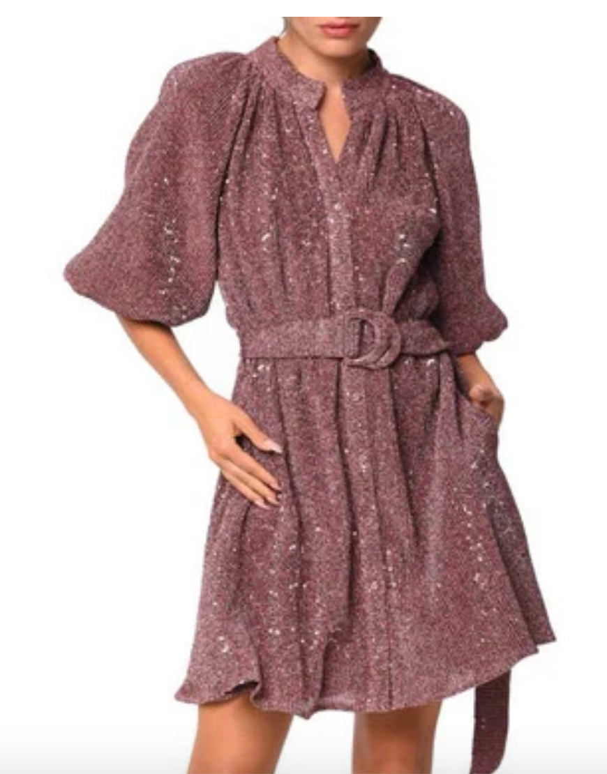 Sequin Knit Belted Mini Shirt Dress - Metallic Pink