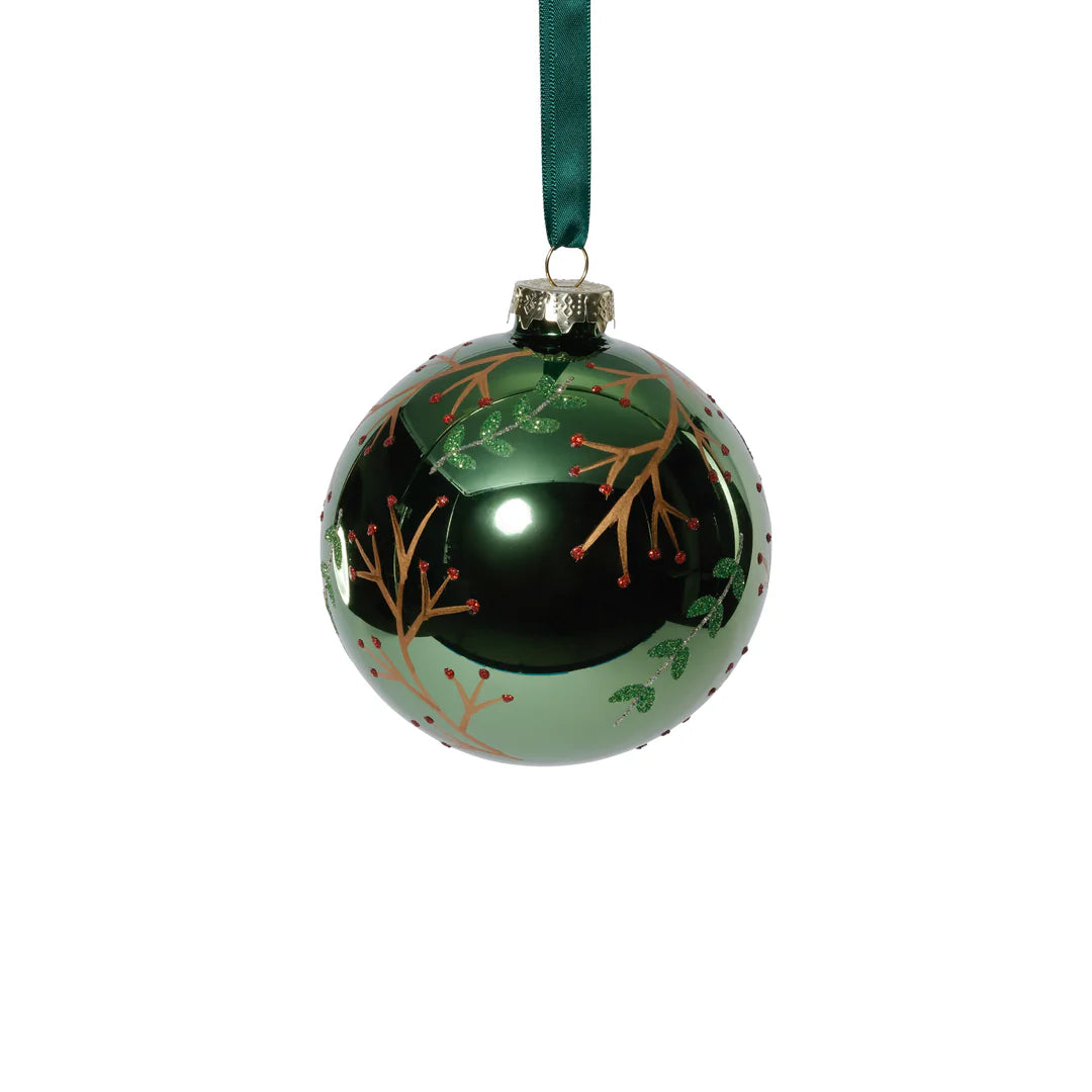 Shiny Green Metallic Glass Ball Ornament with Gold Leaf and Twig Design - 4 in