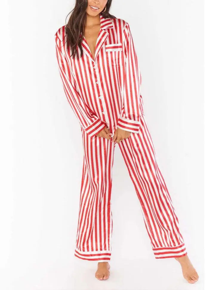 Home Satin Vertical Striped Christmas Pajama Set - Red