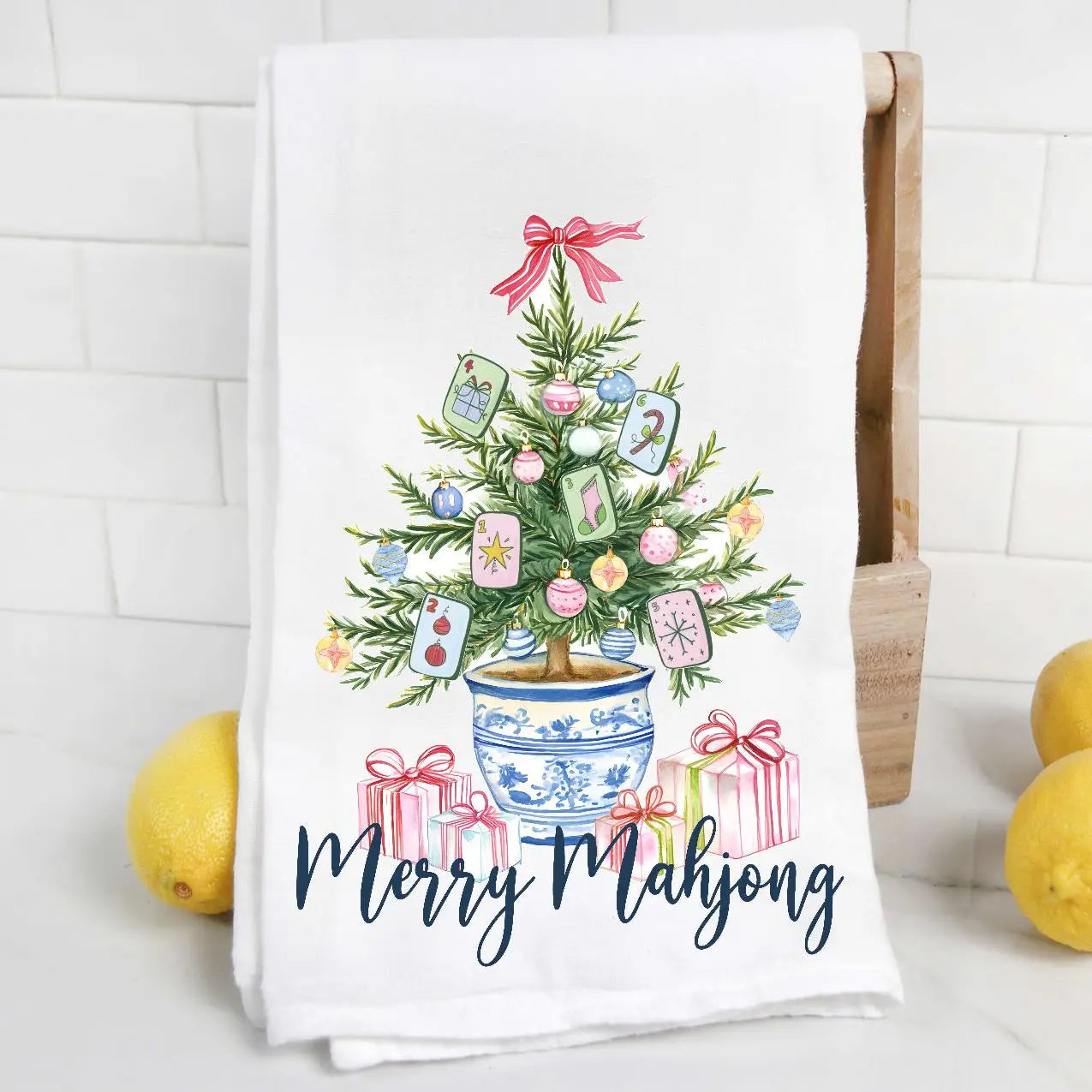 Merry Mahjong Chinoiserie Christmas Tree Tea Towel