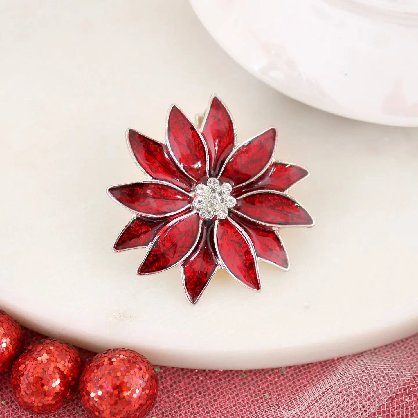 Enamel Christmas Poinsettia Clip-On Pendant