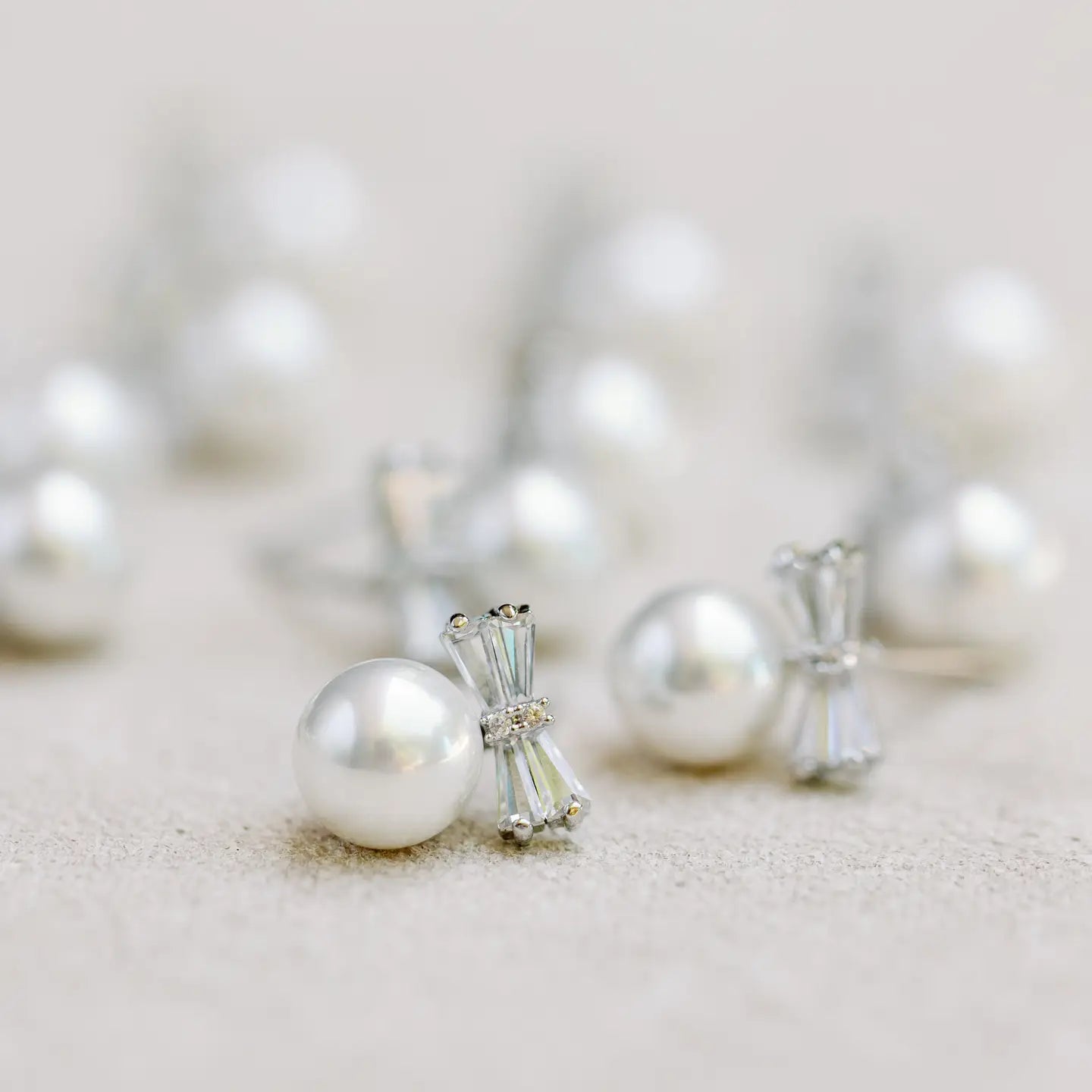 Diamond Bow Mini Pearl Studs