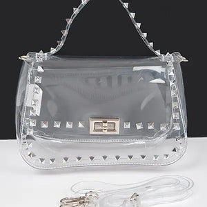 Transparent Metal Studded Top Handle Bag