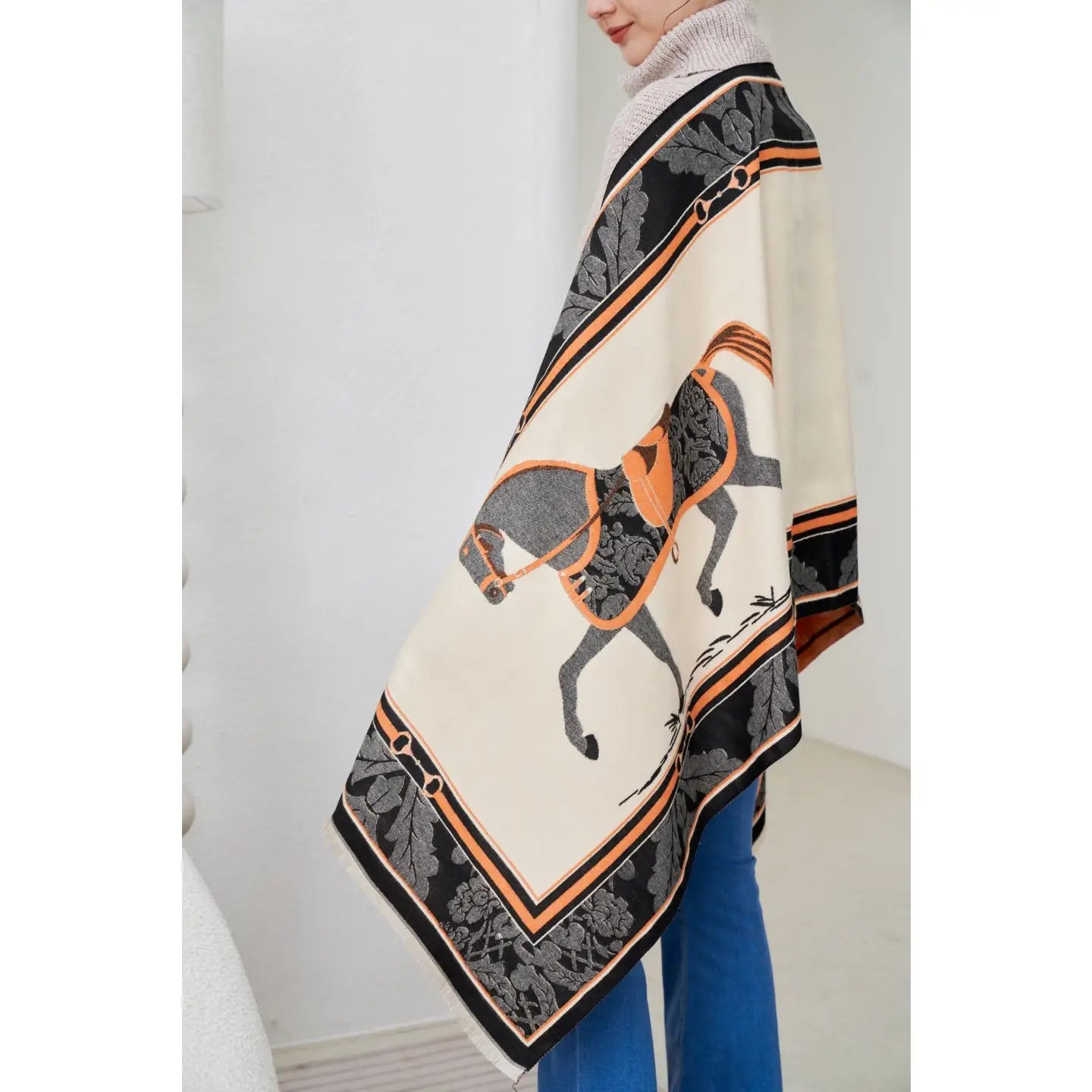 Int'l Baroque Horses Acrylic Cashmere Scarf-Black