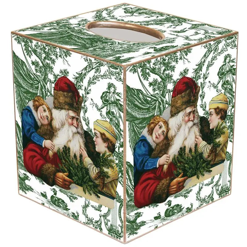 Santa and Children On Green Toile Tissue Box Cover