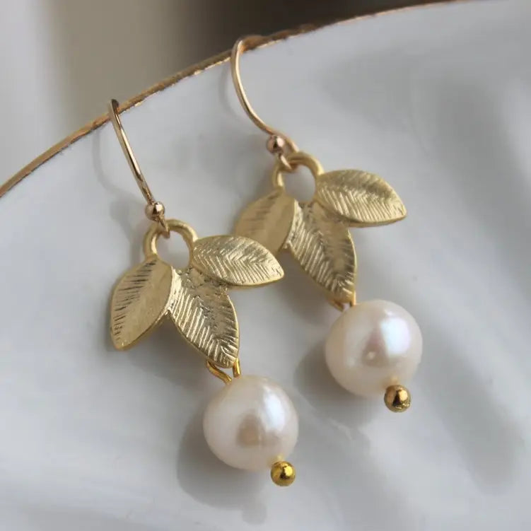 Gold Freshwater Pearl Leaf Earrings