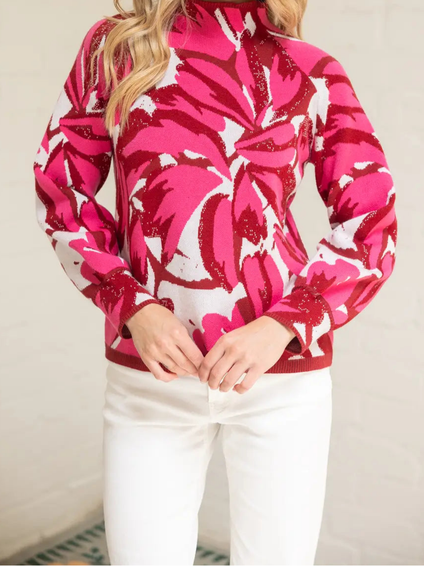 High Neck Raglan Floral Sweater Top