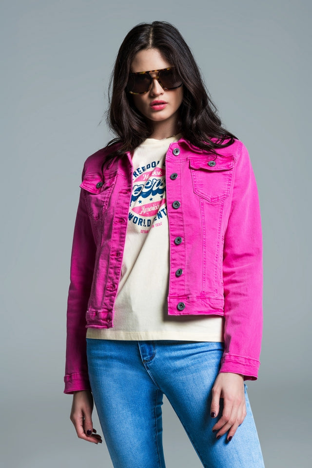 Pink Basic Denim Jacket With Pockets