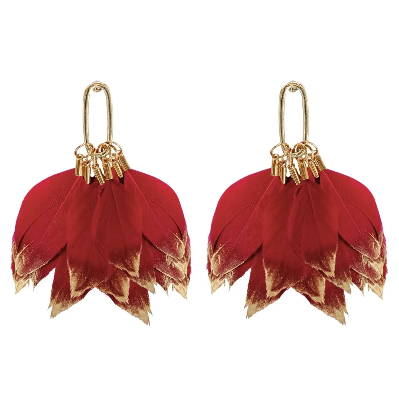 Garnet Gold Dipped Fall Feather Statement Earrings