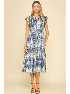 Navy Print Tiered Midi Dress
