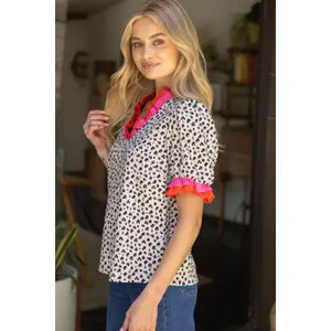Double Contrast Ruffle Detailed Animal Printed Knit Top