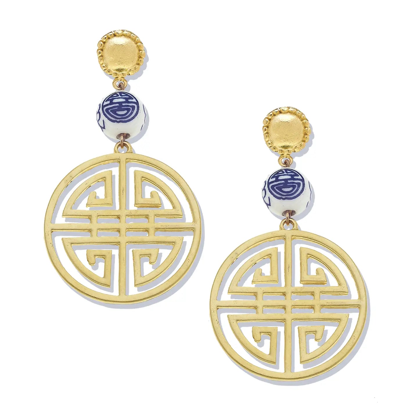 Gold Medallion & Porcelain Dangle Earrings