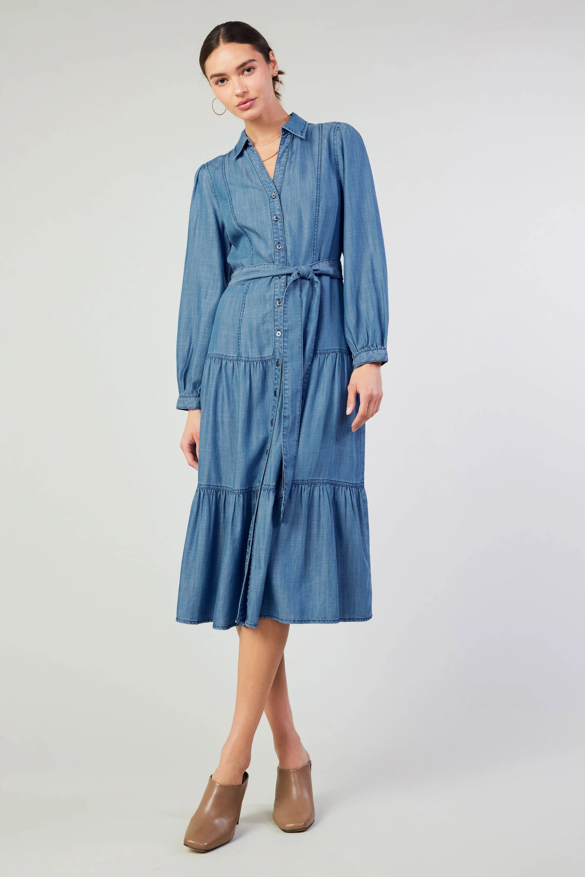 Chambray Belted Collar Shirt Dress