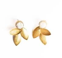 Gold Leaf Small Stone Earring- Pearl