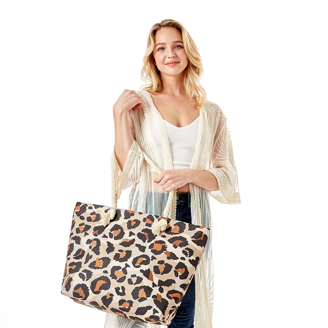 Leopard Print Top Handle Beach Tote Bags: One Size / LEOPARD