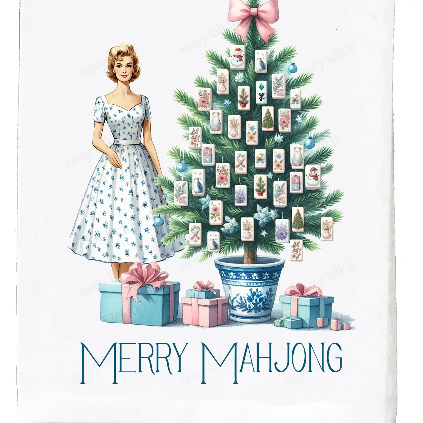 Sassy Talkin-Tea Towel, Christmas, Pink, Merry Mahjong