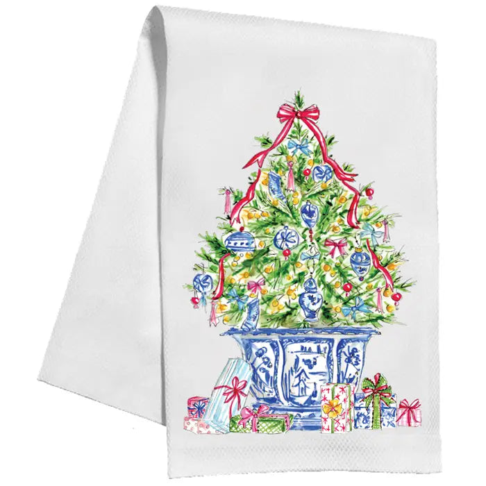 Christmas Tree with Blue Chinoiserie Ornaments Kitchen Towel