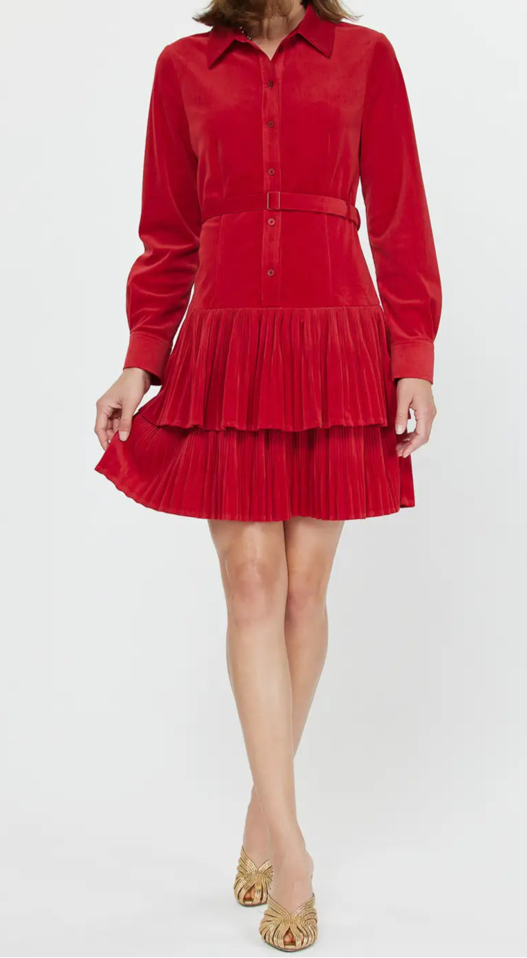 Velvet Pleated Tiered Shirt Mini Dress
