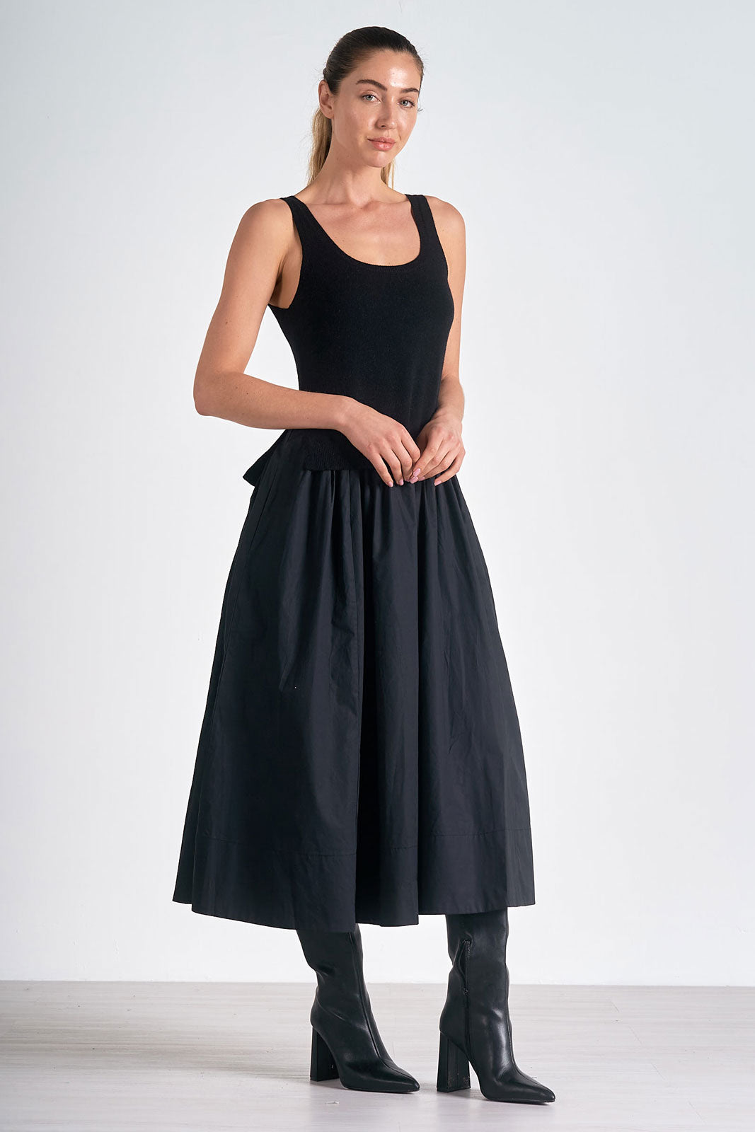 Black/Black Midi Woven Knit Tank Top Combo Dress