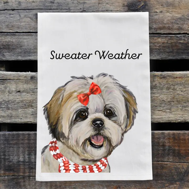 Christmas Dog Tea Towel, 'sweater Weather' Shihtzu