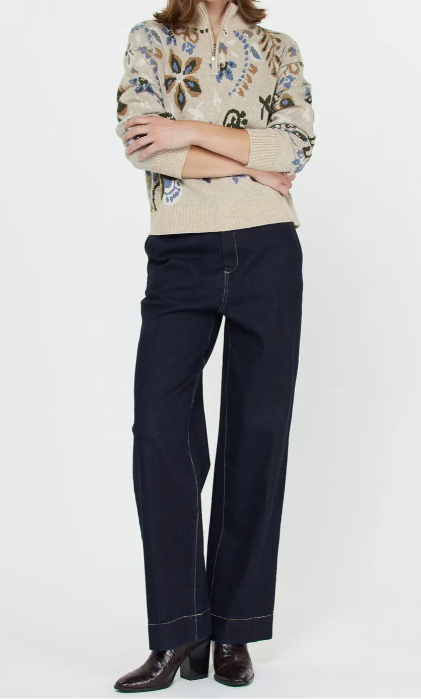 Floral Jacquard Zip Sweater