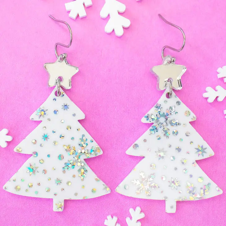 White Snowflake Christmas Tree Earrings