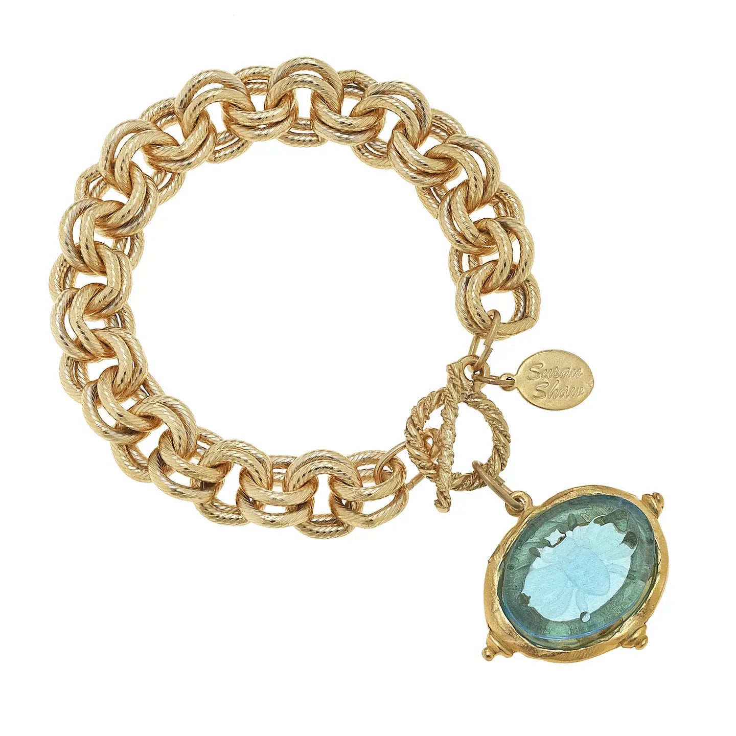 Aqua Venetian Glass Bee Intaglio On Gold Chain Bracelet