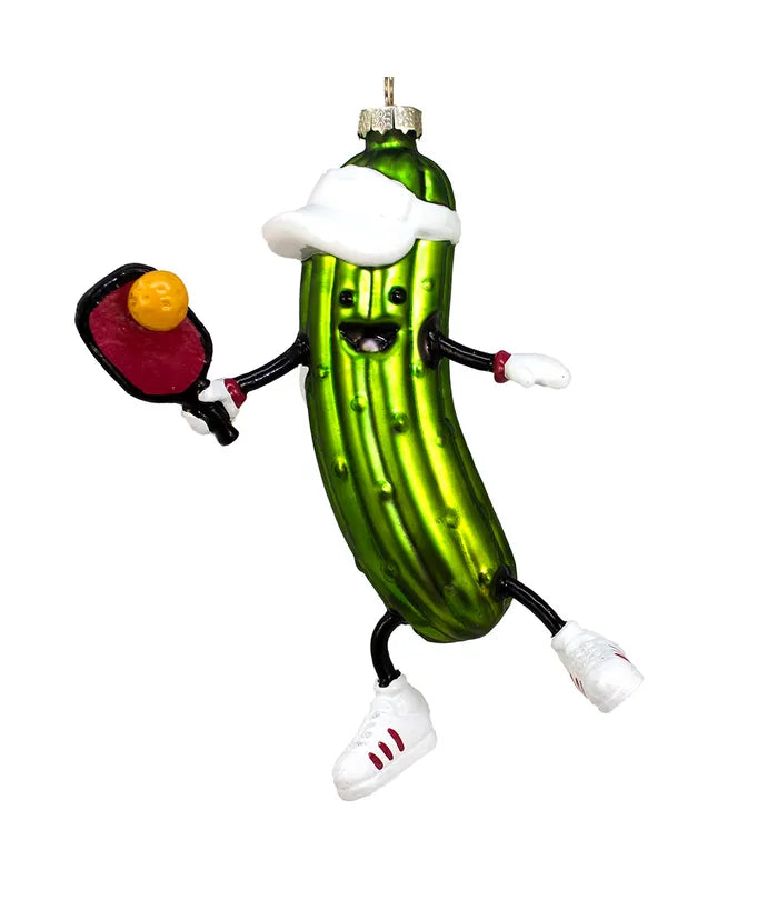 Glass Pickleball Pickle Ornament with Hat