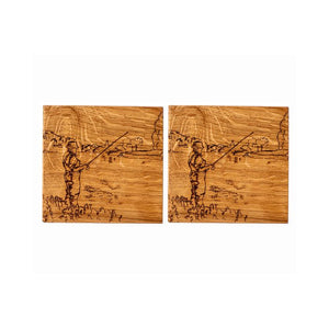 2 Oak Coasters- Fishing