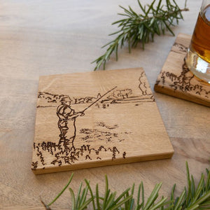 2 Oak Coasters- Fishing