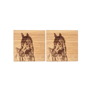 2 Etched Horse Portrait Oak Coasters