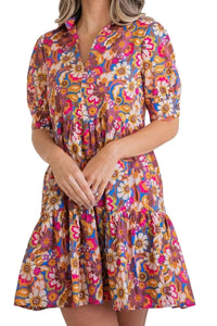 Floral Multi Colored V-neck Mini Tier Dress