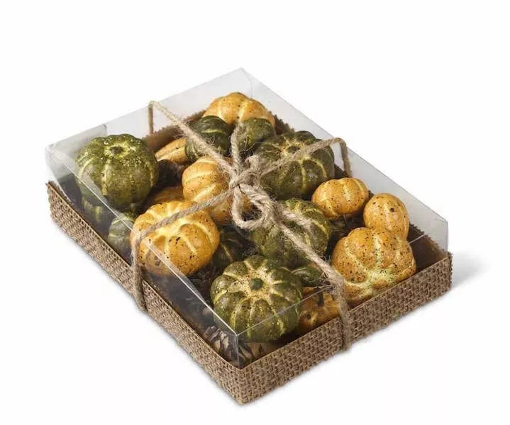 Green and Yellow Pumpkins with Mini Pinecone