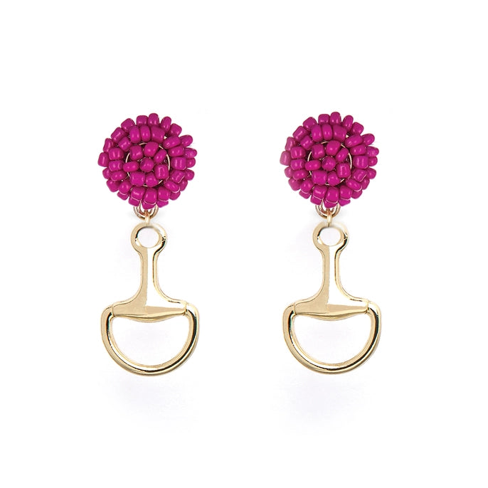 Horsebit Earrings - Gold - Magenta Seed Bead