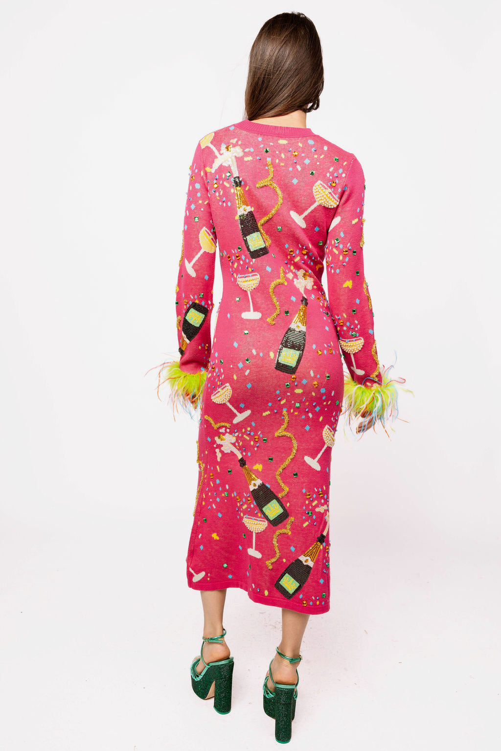 nye midi dresses Hot Pink Popping Champagne Bottle & Coupe Feather Sleeve Dress Waist:32W Shirt Dress Mini – witch cosplay