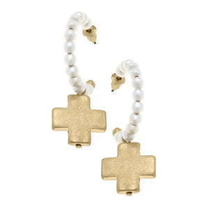 Edith Pearl Hoop Square Cross Drop Earrings in Worn Gold