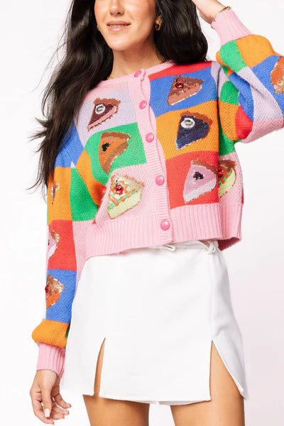 Queen of Sparkles Rainbow Colorblock Piece of Pie Button Up Sweater