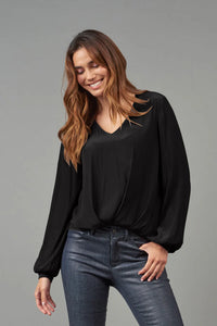 Black Distressed Satin V-Neck Top