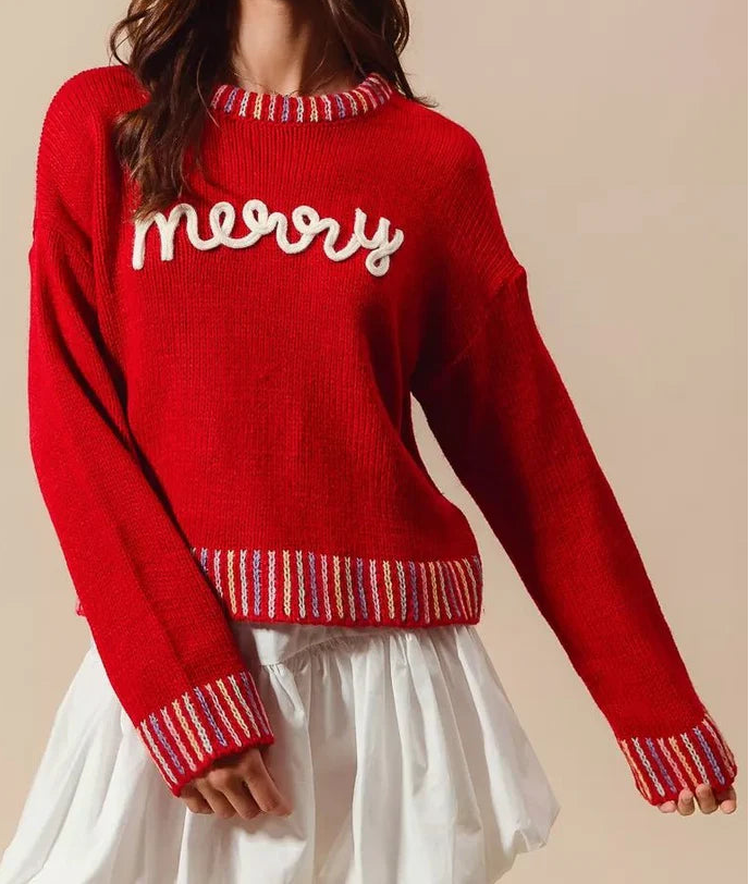 Merry Lettering Embroidered Christmas Sweater