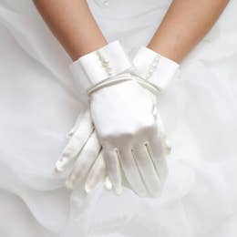 White Color Satin Gloves with Pearls for Wedding
